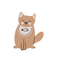 Cute hand drawn cat waiting for food. Vector