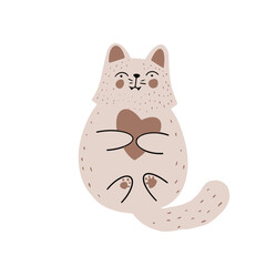 Cute cat hugging a heart. Vector hand drawn
