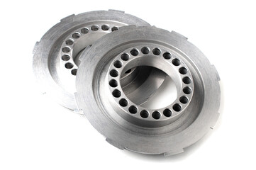 hydraulic clutch piston isolated on white background. new metal car part.