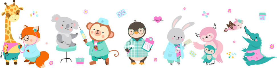 Animal doctors and patients. Cute sick koala and giraffe, tiny owl with mother at doctor. Animals pediatricians, nursery and ambulance nowaday vector characters - obrazy, fototapety, plakaty