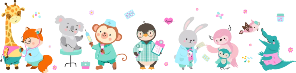 Foto op Plexiglas Uiltjes Animal doctors and patients. Cute sick koala and giraffe, tiny owl with mother at doctor. Animals pediatricians, nursery and ambulance nowaday vector characters