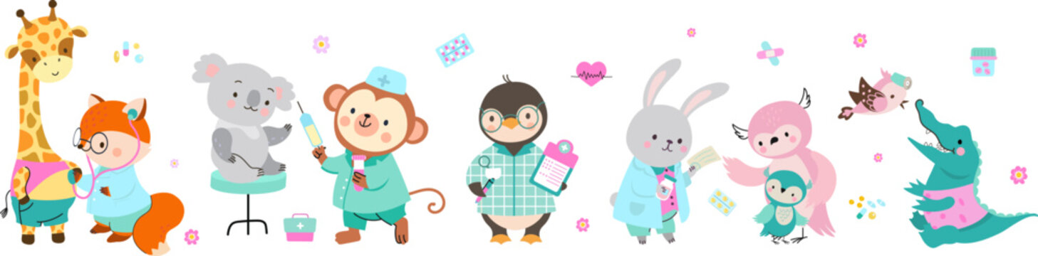Animal doctors and patients. Cute sick koala and giraffe, tiny owl with mother at doctor. Animals pediatricians, nursery and ambulance nowaday vector characters