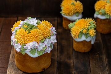 easter cake on a wooden table, close-up, rustic