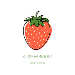 Strawberry One Continuous Line design Logo with colorful shapes. Single Line Art Summer Berry concept. Hand Draw simple outline style. Vector illustration for cafe, shop, web site, card 