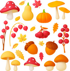Autumn 3d elements, falls leaves, decorative nature objects. Mushrooms, realistic plasticine acorns, berry branches and pumpkins. Maple leaf pithy vector set
