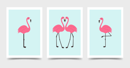 Set of vertical posters templates with Pink Flamingo. Tropical Birds Minimalist Design print. Exotic wild birds in different poses. Colorful vector illustration. 