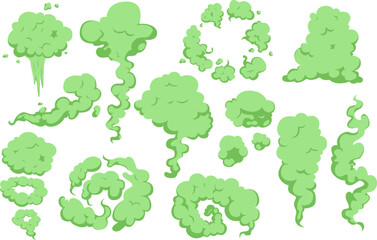 Bad smell green fog effects. Stinky clouds, gas or toxic fume. Cooking or garbage streams, badness smelly elements. Snugly mist stench vector set
