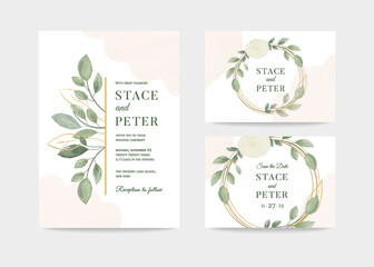 Wedding watercolor invitation card set. Sophisticated greenery decoration. Elegant Rustic style botanical nature graphic. Vector set of trendy romantic templates. 