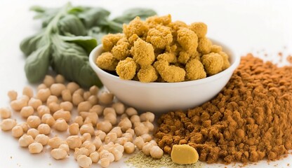Crunchy chickpea or lentil snacks with bold seasonings, yellowish-brown in color, with an irregular shape and a spicy seasoning flavor.