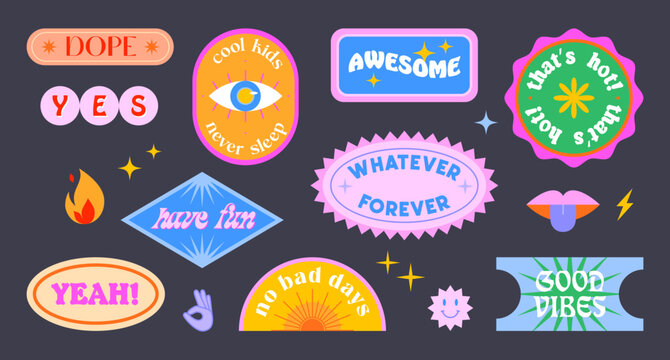 Vector set of cute funny patches and stickers in 90s style.Modern icons or symbols in y2k aesthetic with text.Trendy pop art designs for banners,social media marketing,branding,packaging,covers
