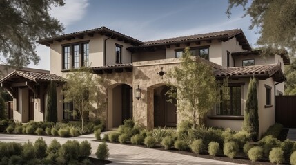 A unique modern houese design featuring an asymmetrical facade. AI generated