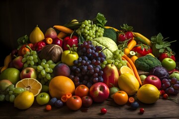 A colorful display of assorted fruits and vegetables arranged in a natural way. - obrazy, fototapety, plakaty