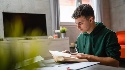 Young man caucasian teenager read book study at home education concept