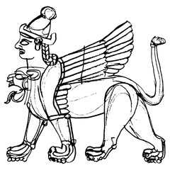 Fototapeta na wymiar Fantastic sphynx. Winged lion with human head. Ancient Syrian design from Karkemish. Mesopotamian mythology. Hand drawn linear doodle rough sketch. Black silhouette on white background.