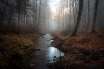 Small river in foggy forest. Digitally generated AI image