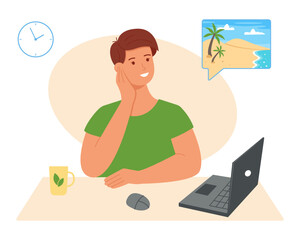 Man dreams of traveling while sitting in the office. The guy is thinking about a vacation, a beach resort, a vacation at sea. Vector