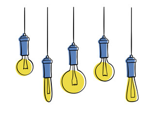 Lamps in doodle style. Incandescent light hang bulb wire. Vector illustration
