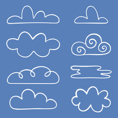 Fototapeta premium Clouds in doodle style. Cloud and meteorology concept. Collection of different clouds isolated on white background. Vector illustration