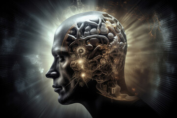 Obraz premium Process of human thinking. Illustration of consciousness Silhouette of man head with gear mechanism in brain. Created with Generative AI