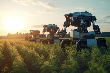 Unmanned automatic robot working in agricultural field. Smart futuristic technologies in agriculture. Created with Generative AI