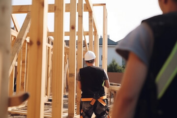 New house under construction. Builder worker at construction site with wooden frame with truss, post and beams. Manufacture of houses made of wood. Created with Generative AI