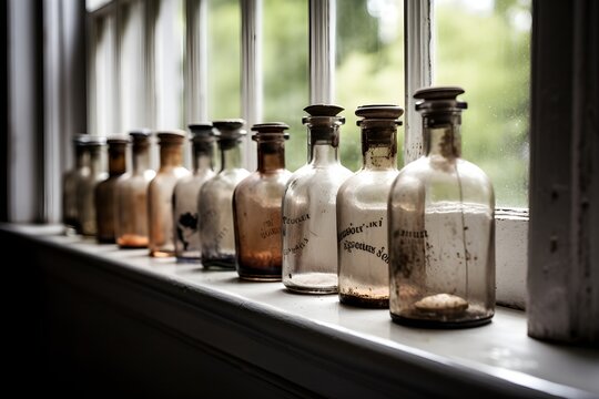 A Display Of Old Apothecary Bottles With Cork Stoppers.