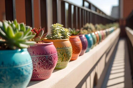 "Vibrant ceramic planters adorned with succulent plants arranged in a straight line."