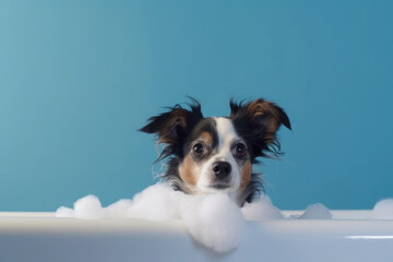 Cute dog showering with shampoo. Washing pet. Puppy dog looking out from bath on blue background. Created with Generative AI