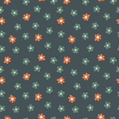 Vector seamless summer pattern of simple flowers in retro style in pastel colors with offset outline. Can be used for printing, textile and packaging.
