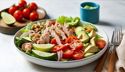Tuna salad with fresh veggies and light dressing, featuring romaine lettuce, yellowfin tuna, sliced avocado garnish, and Caesar dressing. 