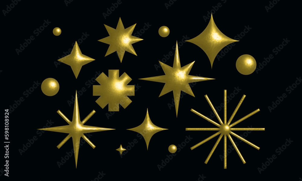 Aufkleber set of sparkle 3d star shapes. vector y2k elements. trendy collection of abstract figures with shiny
