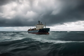 Huge barge in dark cloudy ocean. Digitally generated AI image