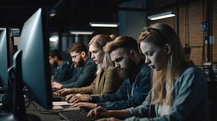 A group of young caucasian fashionable hipsters working at computers in a loft office created with Generative AI