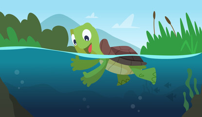 Turtle swimming. river or swamp life. Vector reptile turtle cartoon background