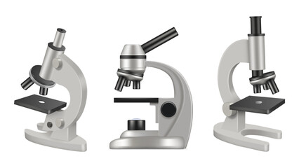 Microscope. Chemistry or science laboratory items pharmaceutical instrument decent vector realistic pictures isolated