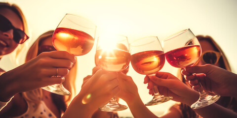 Young people celebrating summertime party holding vine glasses outside. Happy friends have fun on the beach. Summer vacations, lifestyle beverage concept. 