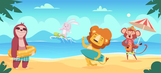 Obraz na płótnie Canvas Animals on beach. Summer cartoon travellers relax in swim suit on the ocean beach exact vector wild funny animals