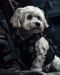 A white Maltese dog as a SWAT operator holding a rifle, Swat team,black SWAT clothes. Generative AI.