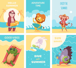 Summer animals cards. Cute wild cartoon animals in swiming suit exact vector print design template of placards