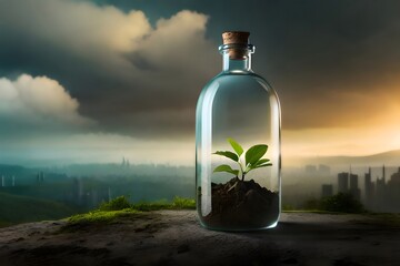 nature / seedling in a glass bottle, Generative AI