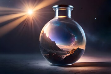 extraterrestrial landscape in a glass bottle, Generative AI