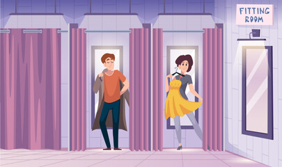 Mall dressing room. People buying clothes and tray it in fitting room exact vector cartoon background template