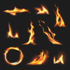 Fire shapes. Realistic hot flame decent vector templates pictures set isolated