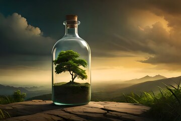 nature / tree in a glass bottle, Generative AI
