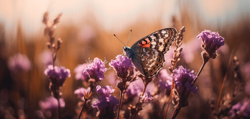 Butterfly on wild white violet flowers in grass in rays of sunlight, macro. Spring summer fresh artistic image of beauty morning nature. Selective soft focus. Created using generative AI.