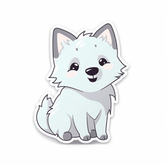 a cute little happy wolf, dog sticker art with white background