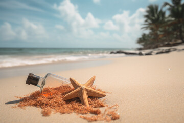 Fototapeta na wymiar Sandy tropical beach with bottle and starfish, summer vacation, tropical destination. Generative ai. High quality photo Generative AI