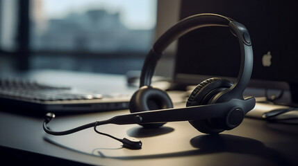 Headset and customer support equipment at call center ready for actively service, Communication support, call center and customer service help desk. Generative ai
