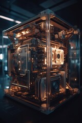Quantum computer environment with digital technology, processing unit of an artificial intelligence. Digital information, cloud computing. Blockchain technology, internet, high speed computing system