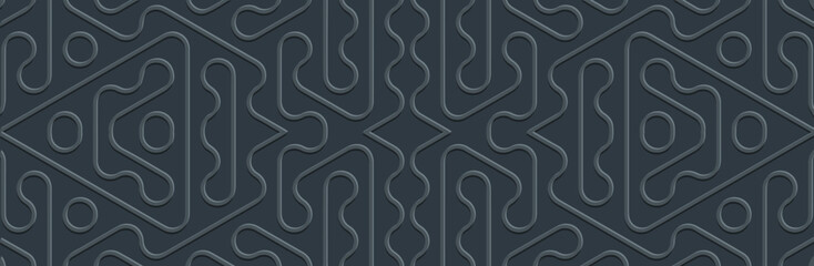 Banner, minimalist cover design. Embossed ethnic 3D tribal boho pattern, handmade, ornaments. Geometric elegant background. Oriental, Indonesian, Mexican, Aztec art. Vintage decor.